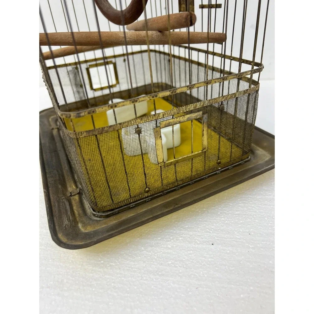 Hendryx Antique Brass Bird Cage Vintage Wire Pet w Porcelain Feeders Perch Gold